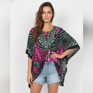 California Woman Blouse Leopard Boho Grunge Festival Black Purple OSFA NWT